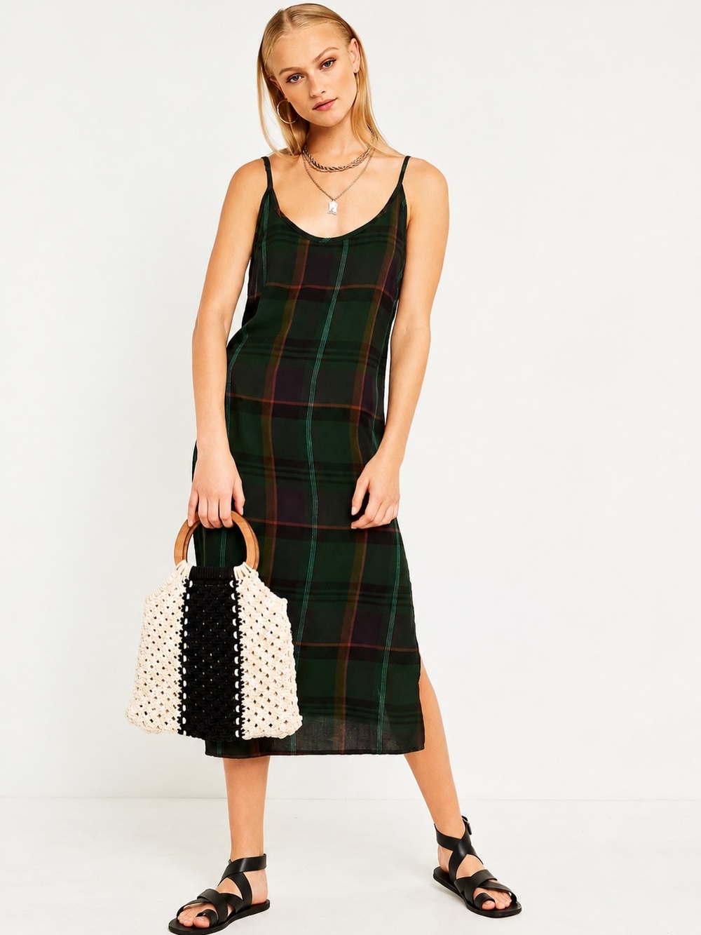 Urban Outfitters UO Rigby Green Plaid Midi Slip Dress Size L